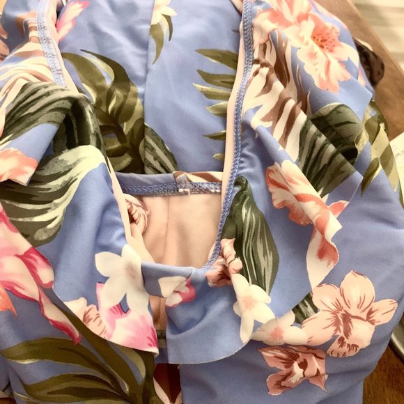 Kona Sol One Piece Blue Tropical Print Ruffle Neck High Coverage Swim Suit S M - Picture 6 of 10